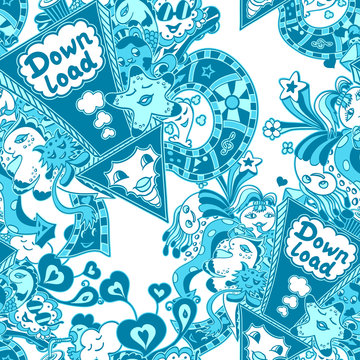 Seamless pattern with doodle monsters blue
