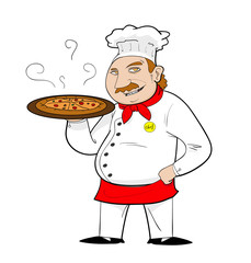 Pizza Chef Cartoon, a hand drawn vector illustration of a pizza chef holding a pan of pizza in cartoon style.