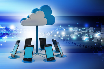 Smart phones network with cloud computing in color background