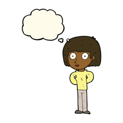 cartoon staring woman with thought bubble