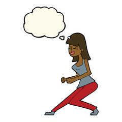 cartoon crazy dancing girl with thought bubble