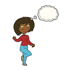 cartoon laughing woman with thought bubble