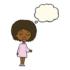cartoon woman explaining her point with thought bubble