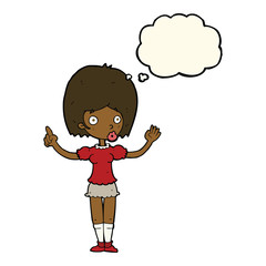cartoon woman explaining her point with thought bubble