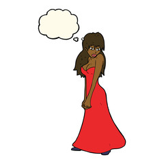 cartoon pretty woman in dress with thought bubble