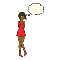 cartoon pretty woman in dress with thought bubble