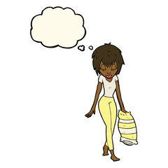 cartoon woman going to bed with thought bubble