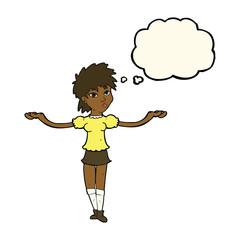 cartoon woman shrugging shoulders with thought bubble