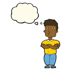 cartoon man with crossed arms with thought bubble