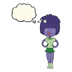 cartoon happy vampire girl with thought bubble