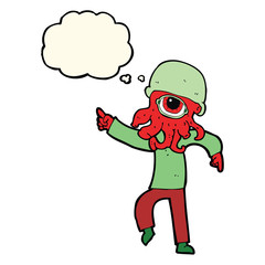 cartoon alien man dancing with thought bubble