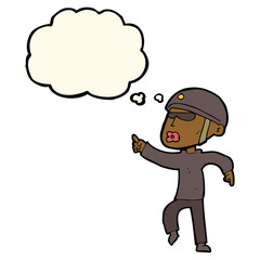 cartoon man in bike helmet pointing with thought bubble