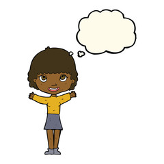 cartoon woman waving with thought bubble