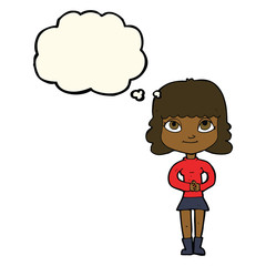 cartoon happy woman with thought bubble