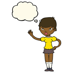 cartoon woman waving with thought bubble