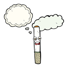 cartoon happy cigarette with thought bubble