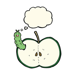 cartoon bug eating apple with thought bubble