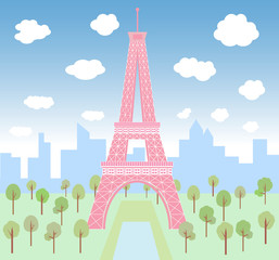 Pink Eiffel in green park at Paris