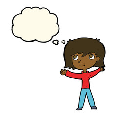 cartoon happy girl with thought bubble