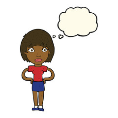 cartoon worried woman with thought bubble