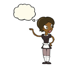 cartoon woman in maid costume with thought bubble