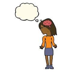 cartoon clever woman shrugging shoulders with thought bubble