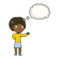 cartoon waving woman with thought bubble