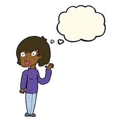 cartoon waving woman with thought bubble