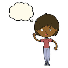 cartoon waving woman with thought bubble