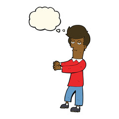 cartoon bored man showing the way with thought bubble
