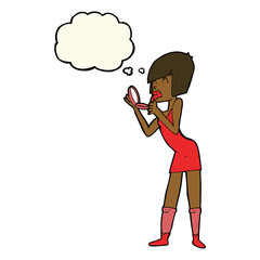 cartoon woman applying lipstick with thought bubble