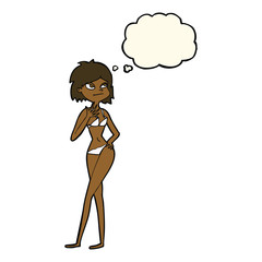 cartoon woman in bikini with thought bubble