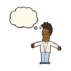 cartoon happy man with thought bubble