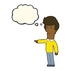 cartoon man blaming with thought bubble