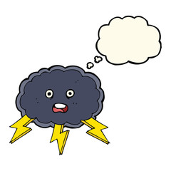 cartoon cloud and lightning bolt symbol with thought bubble