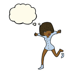 cartoon woman kicking off sock with thought bubble