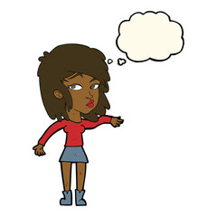 cartoon woman playing it cool with thought bubble