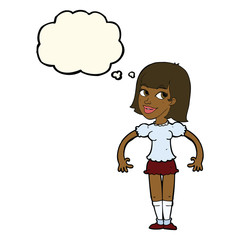 cartoon woman shrugging shoulders with thought bubble