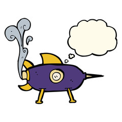cartoon space rocket with thought bubble