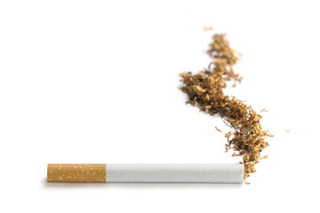 cigarette with smoke made of tobacco, isolated on white
