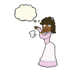 cartoon victorian woman dropping handkerchief with thought bubbl