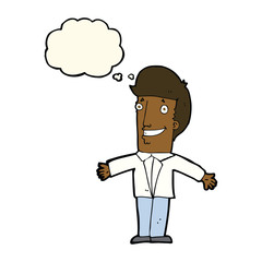 cartoon grining man with open arms with thought bubble