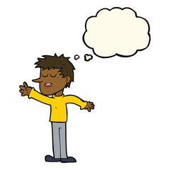 cartoon happy man reaching with thought bubble