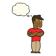 cartoon muscular man with thought bubble