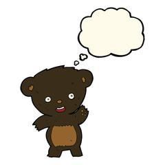 cartoon waving black bear with thought bubble