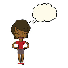 cartoon woman with hands on hips with thought bubble