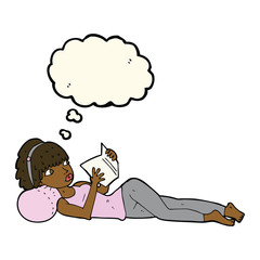 cartoon pretty woman reading book with thought bubble