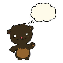 cartoon waving black bear cub with thought bubble