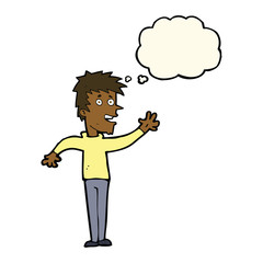 cartoon happy boy waving with thought bubble