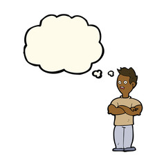 cartoon man with crossed arms with thought bubble